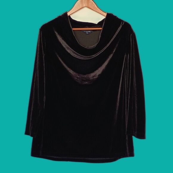 Land's End Cowl Neck Black Velvet Top L Drapey Pullover Witchy Scoop - Picture 1 of 4